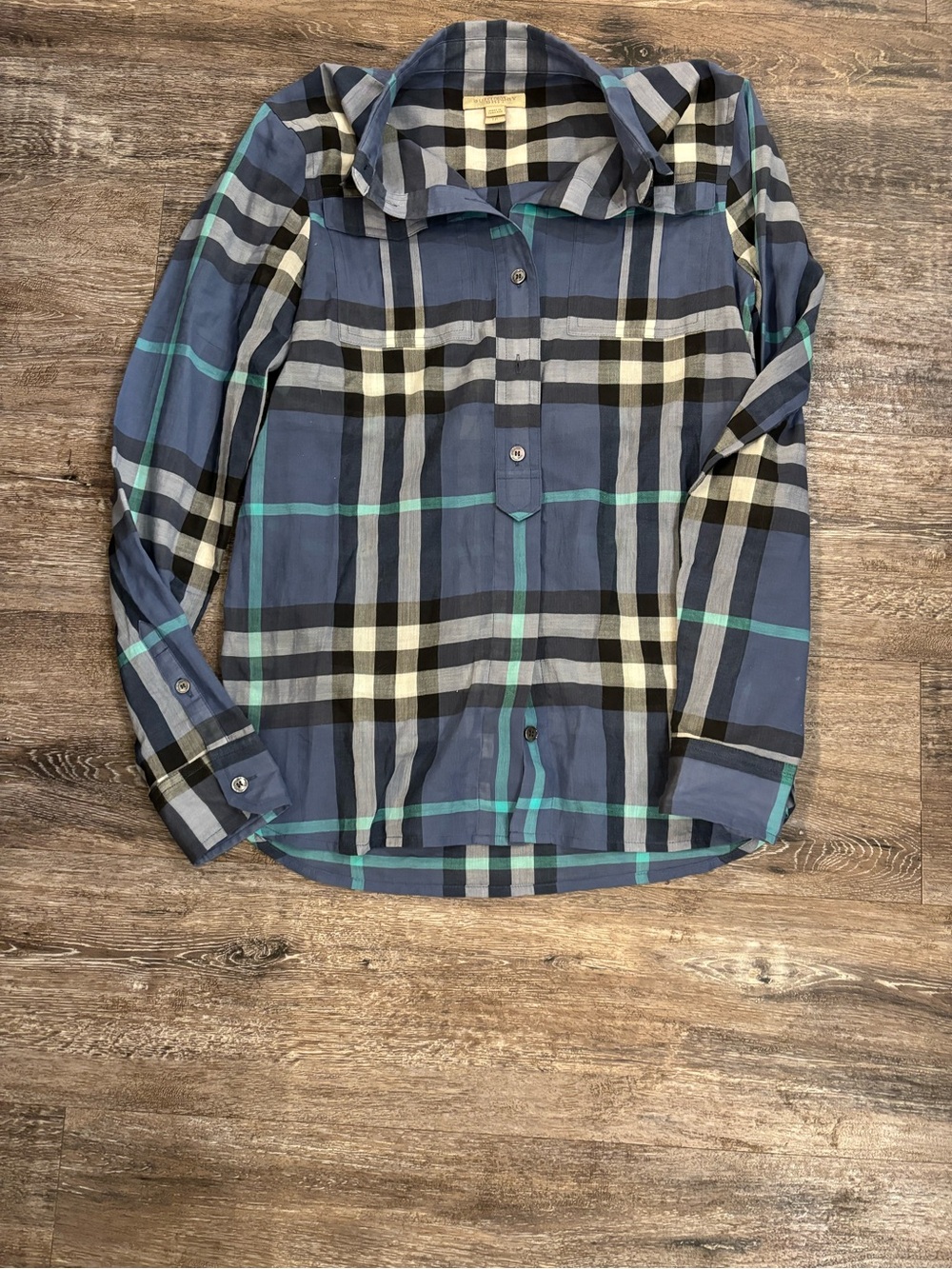 Burberry Brit Plaid Button-Up Shirt with Black, White and Teal Stripes size xs